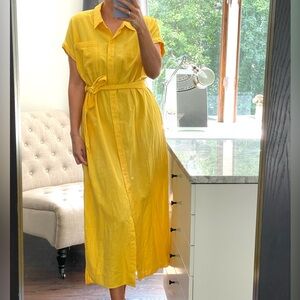 New! Bright Yellow Belted Buttons on the Front, Short Sleeves Shirt Dress size12